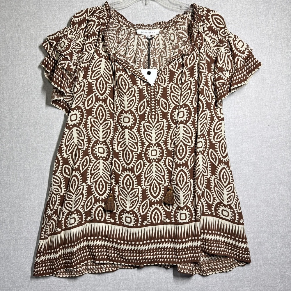 Rose+Olive Blouse Womens 1X Brown Geometric V Neck Tassel Flutter Tunic Top Boho